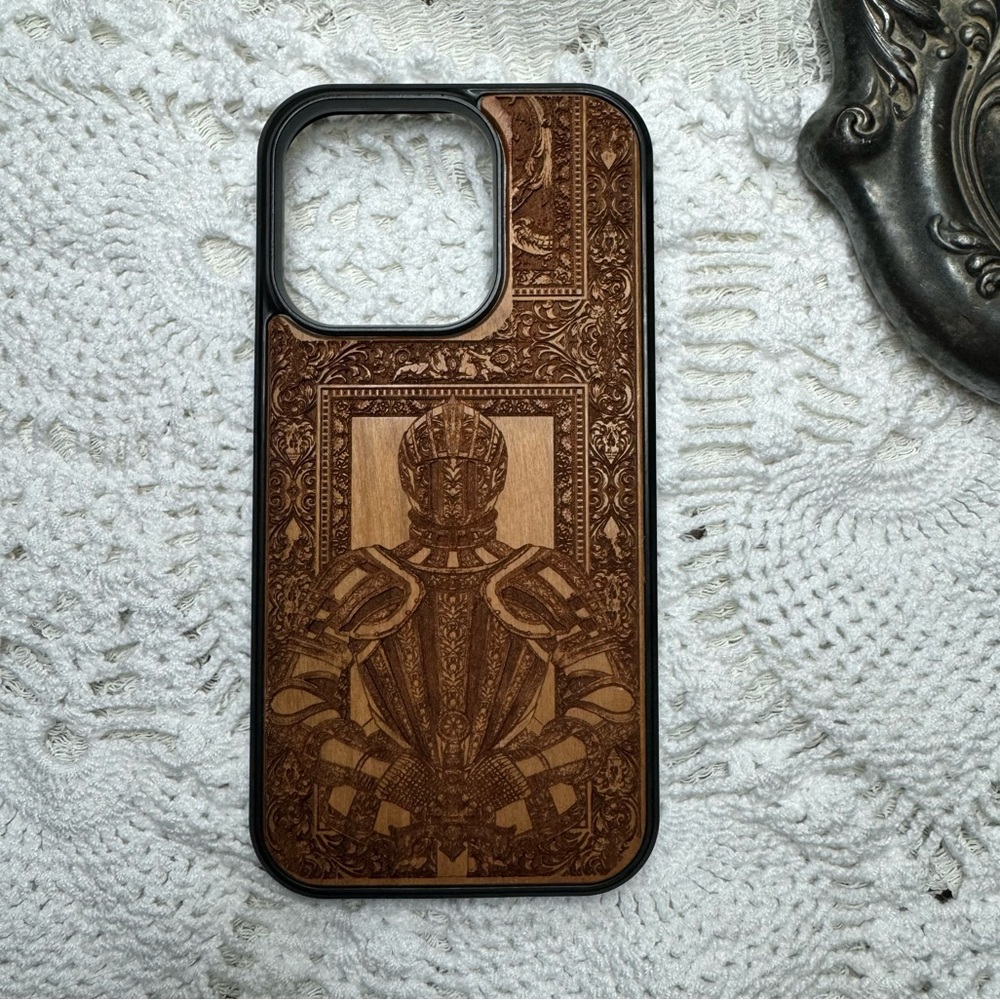 “THE LOST KNIGHT” WOOD IPHONE 14 PRO PHONE CASE BY ENGRAVER’S DUNGEON
